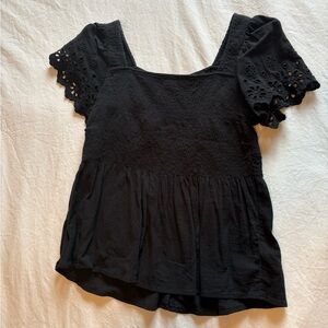 Madewell Black Eyelet-Sleeve Smocked Peplum Top